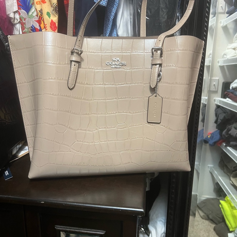 Coach Mollie Tote Light Beige Croc-Embossed Tote